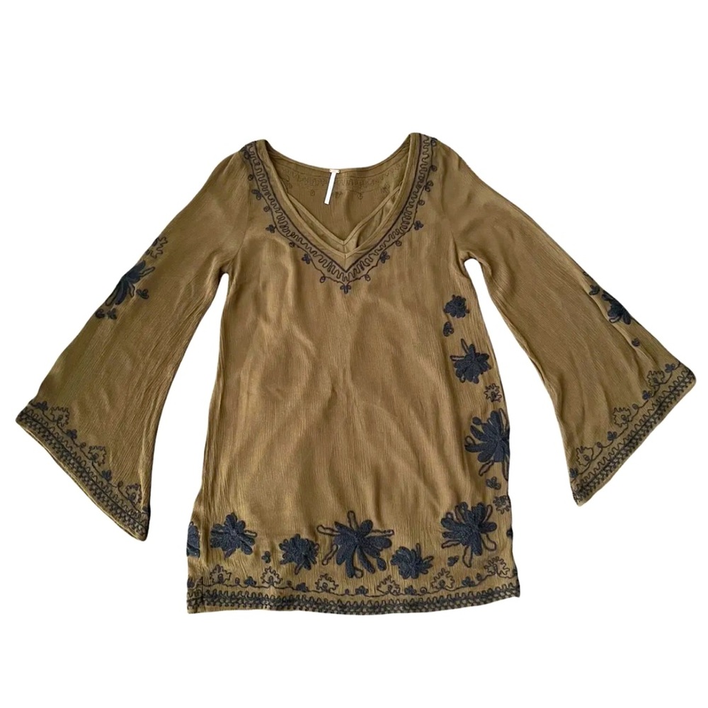 Free People Bell Sleeve Embroidered Tunic Blouse Dress Lined Olive Green Size XS
